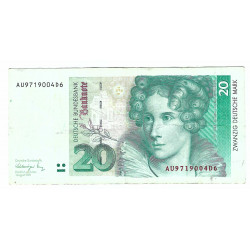 20 Deutsche Mark 1991, AU9719004D6, A. v. Droste-Hülshoff, podpis Schlesinger - Tietmeyer, Nemecko, VG