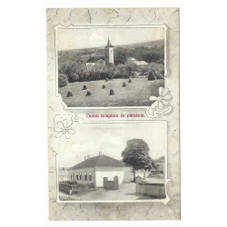 1925 - Dubové, kostol a fara, čiernobiela viacokienková pohľadnica, Československo