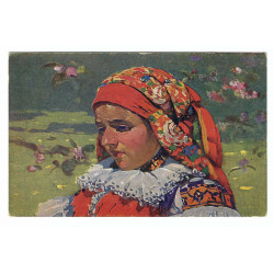 Joža Uprka, Vázaní šátků, maľovaná pohľadnica, neprešla poštou