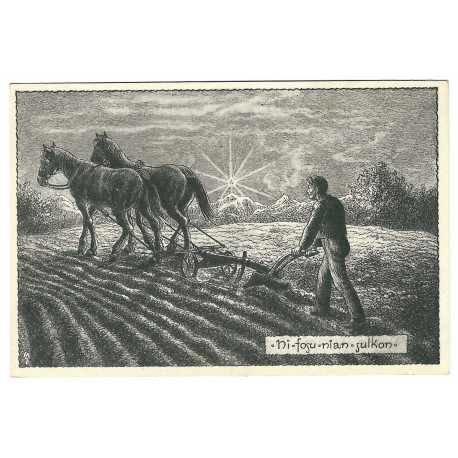 Oráč s koňmi, čiernobiela kreslená pohľadnica, neprešla poštou, Slovinsko