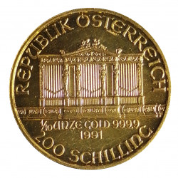 1991 - 200 schilling, 1/10 OZ, 3,11 g, Au 999,9/1000, Wiener Philharmoniker, Rakúsko