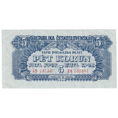 5 K 1944, EB, zvislá podtlač, bankovka, Československo, UNC