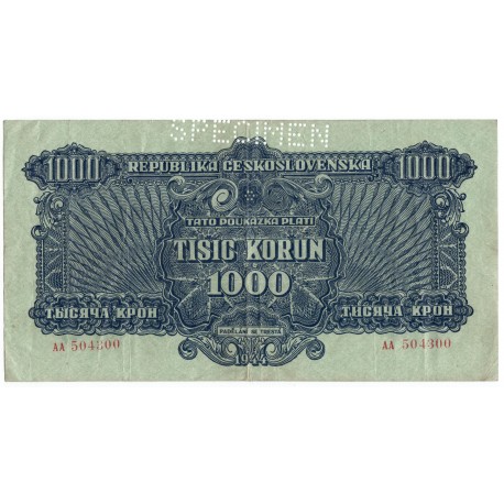 1 000 K 1944, AA, šikmý SPECIMEN, bankovka, Československo, VG