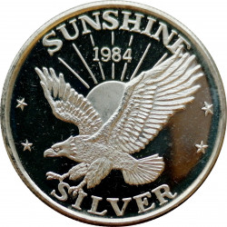 1984 Sunshine Mining, 1 OZ. fine silver, 999/1000, investičná minca, PROOF, striebro, USA (7)