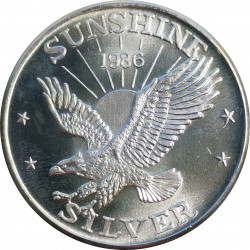 1986 Sunshine Mining, 1 OZ. fine silver, 999/1000, investičná minca, BK, striebro, USA (3)