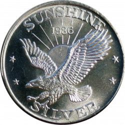 1986 Sunshine Mining, 1 OZ. fine silver, 999/1000, investičná minca, BK, striebro, USA (5)