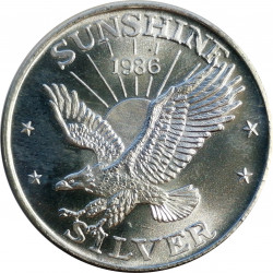 1986 Sunshine Mining, 1 OZ. fine silver, 999/1000, investičná minca, BK, striebro, USA (7)