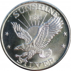 1986 Sunshine Mining, 1 OZ. fine silver, 999/1000, investičná minca, BK, striebro, USA (22)