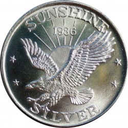 1986 Sunshine Mining, 1 OZ. fine silver, 999/1000, investičná minca, BK, striebro, USA (24)