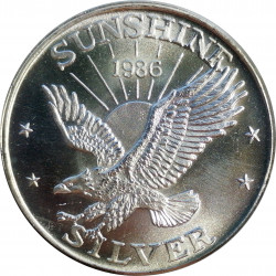 1986 Sunshine Mining, 1 OZ. fine silver, 999/1000, investičná minca, BK, striebro, USA (9)