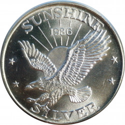 1986 Sunshine Mining, 1 OZ. fine silver, 999/1000, investičná minca, BK, striebro, USA (11)