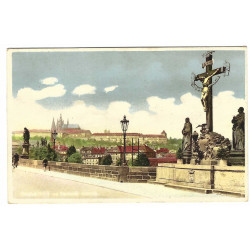 1940 - Kríž na Karlovom moste, Praha, kolorovaná pohľadnica, Protektorát Čechy a Morava