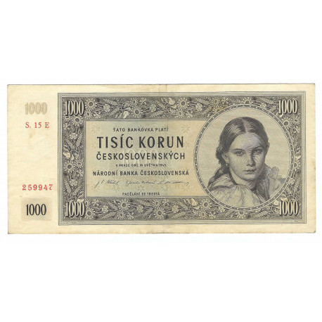 1 000 Kčs 1945, S. 15 E, bankovka, Československo, F