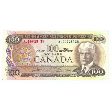 100 dollars 1975, AJD, R. Borden, podpis Crow - Bouey, Kanada, G