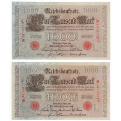 1000 reichsbanknote, 1910, postupka Nr3458950G a Nr3458951G, Germany, Nemecko, XF
