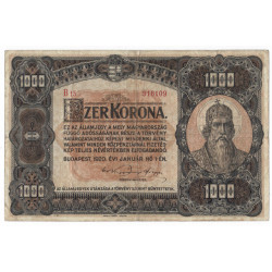 1000 korona, 1920, B15, St. Stephan, Hungary, Maďarsko, VG