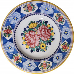 Hlboký veľký závesný tanier, modrý okraj, Modranská keramika, Československo