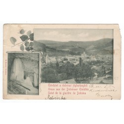 Dobšina výhľad na mesto a pohľad od jaskyne, pohľadnica, Rakúsko Uhorsko