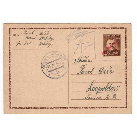 13. III. 1946 CDV 77 - Jozef Tiso, 1945 ručná pretlač ČESKOSLOVENSKO, Dolné Strháry, celina, jednoduchý poštový lístok