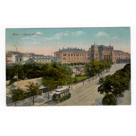 1923 - Wilsonovo nádražie, Brno, rotoražec, kolorovaná pohľadnica, Československo