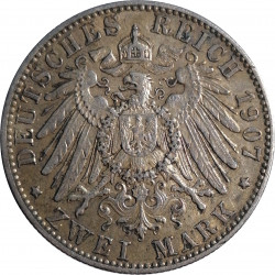 2 mark 1907 E, Ag 900/1000, 11,11 g, Friedrich August III., Sachsen, Nemecko