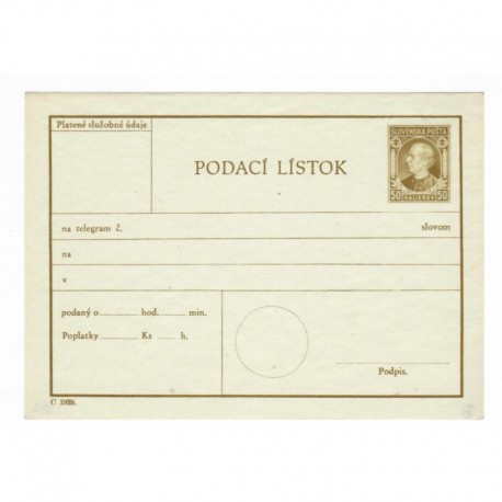 1939 CPL 2b - podací lístok na telegram, Andrej Hlinka, Slovenský štát