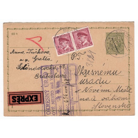 1937 CDV 66 - Stredný štátny znak, I. časť z dvojitej dopisnice, EXPRÉS, dofrankovaná, Bratislava, celina, Československo