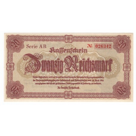 20 Reichsmark 1945 AR, Sudetenland / Sudety, Nemecko, UNC