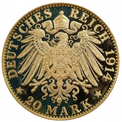 1914 / 1977 D - 20 mark, PROOF, zlatá replika / novorazba, Ludwig III., Bayern, Deutsches Reich