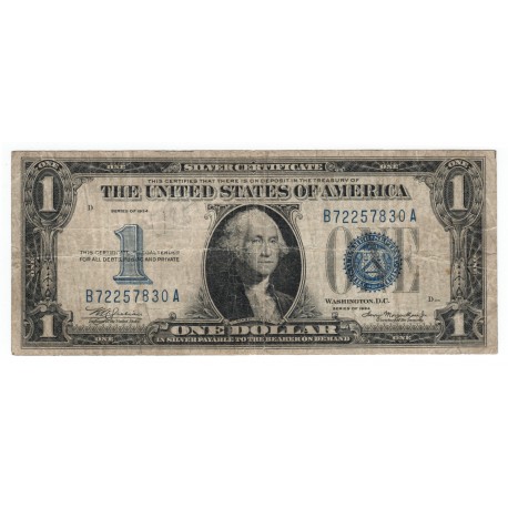1 dollar 1934 D, B72257830A, SILVER CERTIFICATE, George Washington, modrá pečať, USA, VG