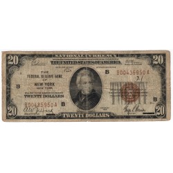 20 dollars 1929, THE FEDERAL RESERVE BANK OF NEW YORK - B, Andrew Jackson, hnedá pečať, USA, VG
