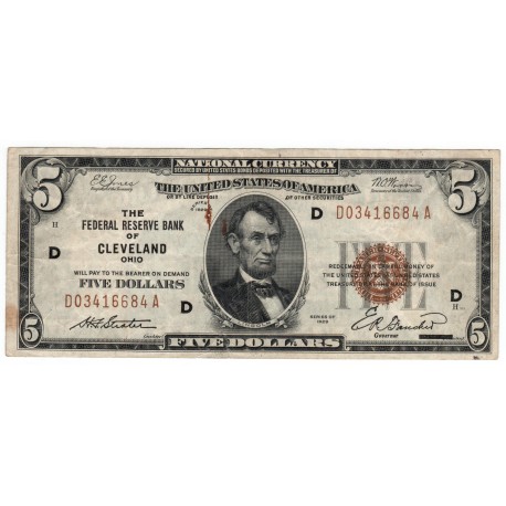 5 dollars 1929, THE FEDERAL RESERVE BANK OF CLEVELAND OHIO - D, Abraham Lincoln, hnedá pečať, USA, VG