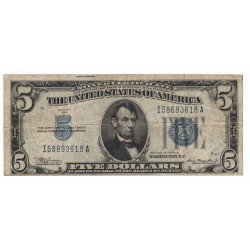5 dollars 1934 A, SILVER CERTIFICATE, Abraham Lincoln, orezávacie značky, modrá pečať, USA, VG