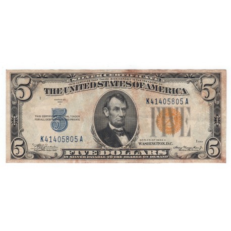 5 dollars 1934 A, SILVER CERTIFICATE, Abraham Lincoln, , žltá pečať - Severná Afrika, USA, VG