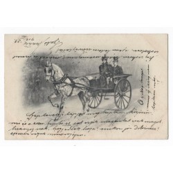 Kôň ťahajúci dvojmiestny koč, 1902, pohľadnica, Rakúsko Uhorsko