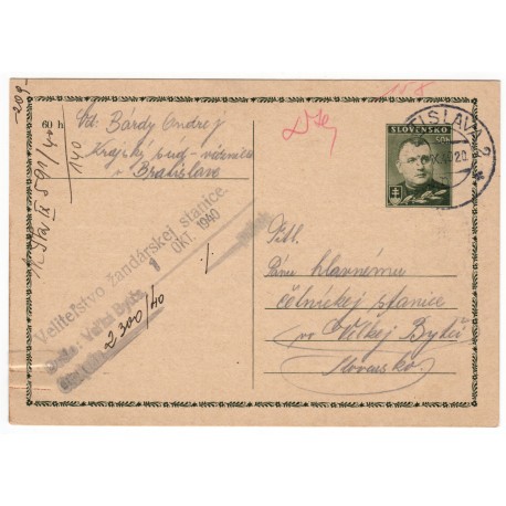 30. IX. 1940 CDV 8 - Jozef Tiso, Veliteľstvo žandárskej stanice Veľká Bytča, celina, jednoduchý poštový lístok