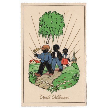 Veselé Velikonoce, traja vinšovači, kolorovaná pohľadnica, Československo