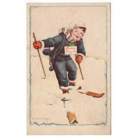 1931 - Šťastný Nový rok, chlapec na lyžiach, C. Kotyšan, pohľadnica, Československo