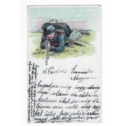 Ilustrovaný ležiaci vojak v tráve, 1904, pohľadnica, Rakúsko Uhorsko