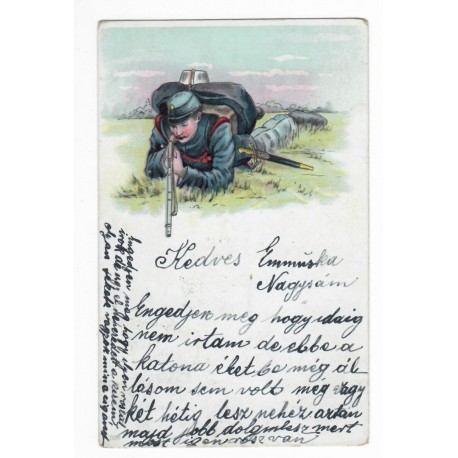 Ilustrovaný ležiaci vojak v tráve, 1904, pohľadnica, Rakúsko Uhorsko
