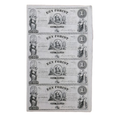 1 forint 1852 E, F, G, H, nerozrezaný arch bankoviek EGY FORINT, L. Kossuth, Uhorsko, aUNC