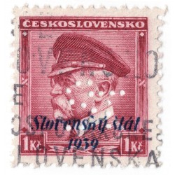 ST - PERFIN na známke 1 Kč, Bratia Stollwerckové, akciová spol., čokoláda a cukrovinky, Bratislava, Slovenský štát