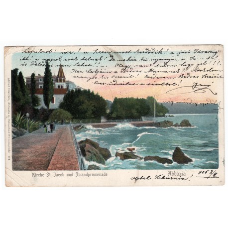 1905 Abbazia - Kirche St. Jacob und Strandpromenade, 11. október, farebná pohľadnica, Rakúsko Uhorsko