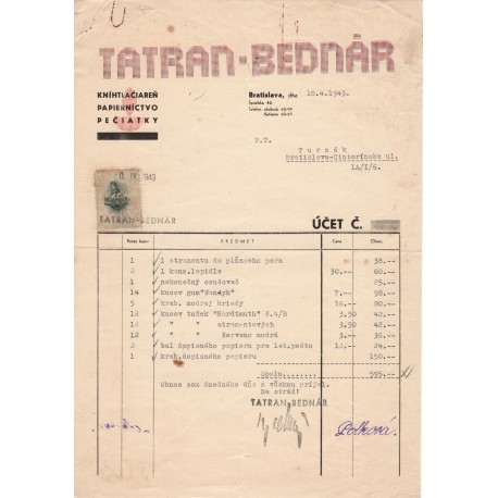 10. IV. 1943 - 50 h kolok, II. emisia 1942, TATRAN-BEDNÁR - dokument, Slovenský štát