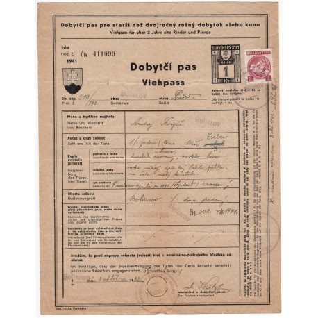 1941 / 1 Ks kolok - dvojjazyčný Dobytčí pas, Slovenský štát