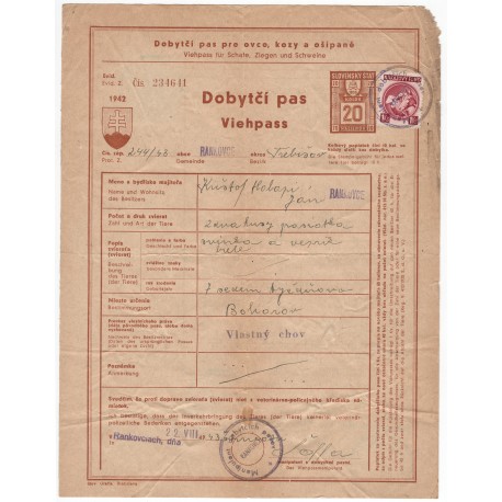 1942 / 20 h kolok - dvojjazyčný Dobytčí pas, Slovenský štát