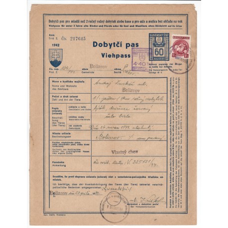 1942 / 60 h kolok - dvojjazyčný Dobytčí pas, Slovenský štát