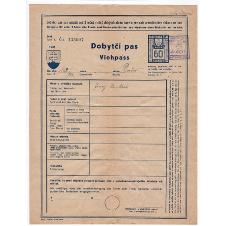 1943 / 60 h kolok - dvojjazyčný Dobytčí pas, Slovenský štát