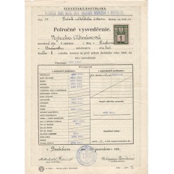 31. I. 1941 - 1 Ks kolok, I. emisia, Polročné vysvedčenie - dokument, Slovenský štát