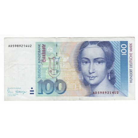100 Deutsche Mark 1989, AD5989214U2, Clara Schumann, podpis Pӧhl Schlesinger, Nemecko, VF